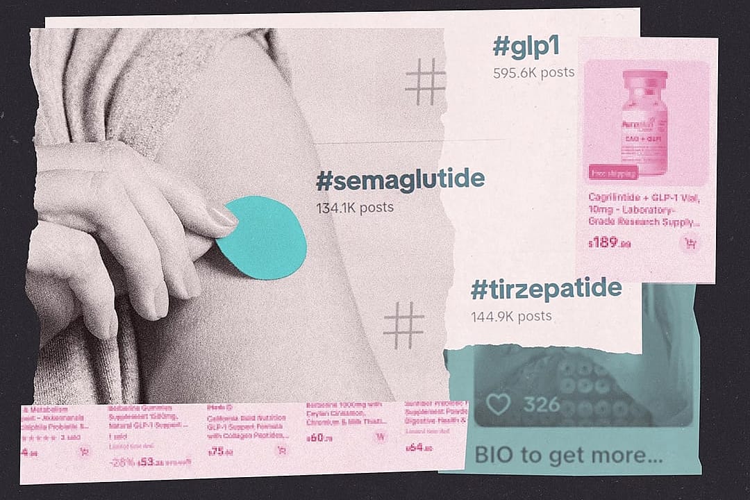 A custom collage featuring elements of administering semaglutide and navigating its social media trends and data.